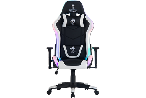 כיסא גיימינג Dragon SPACE RGB בצבע שחור-לבן – מבט מלפנים עם תאורת RGB ושלט