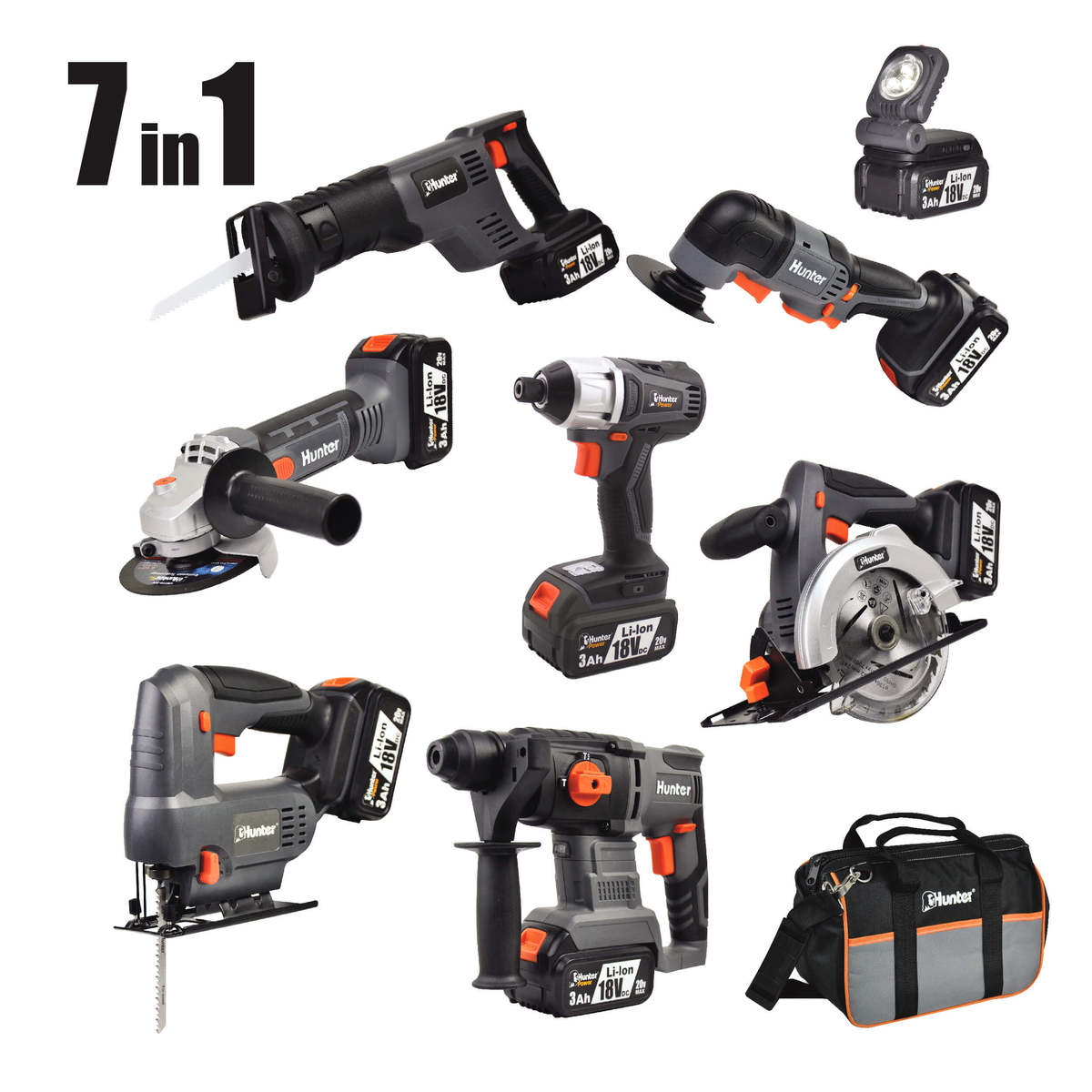 סט 7 כלים 18V + שלוש סוללות 3.0AH