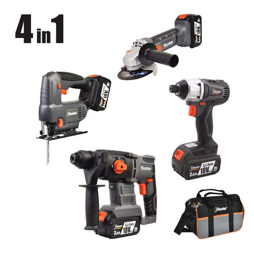 סט 18V אימפקט + פטישון + משחזת זווית + משור אנכי + שתי סוללות 3.0AH