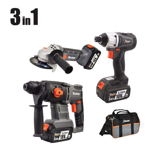 סט 18V אימפקט + פטישון + משחזת זווית + שתי סוללות 3.0AH