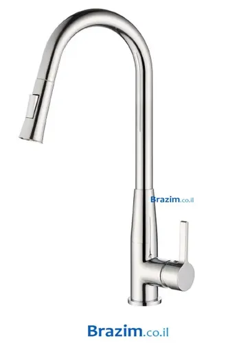 ברז מטבח נשלף גבוה דגם 1220 מבית ורד Vered עם 2 מצבי זרימת מים ובגימור ניקל.