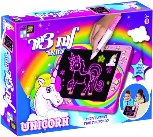 לוח ציור מואר עם 7 מצבי תאורה שונים וטושים זוהרים - חד קרן