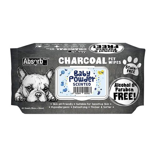 אבסורב+ מגבונים עם פחם פעיל בייבי פאודר AbsorbPlus Charcoal PetWipes Baby Powder