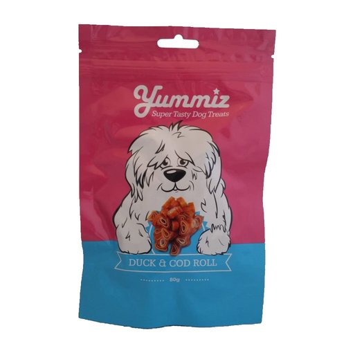 יאמיז לכלב גליליות ברווז ודג בקלה 80 גרם yummiz duck & cod roll