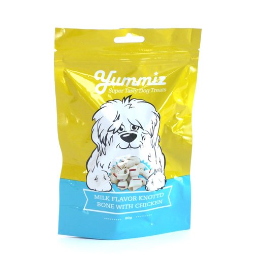 יאמיז לכלב עצמות קשר בטעם חלב עם עוף 80 גרם yummiz milk flavor knotted bone with chicken
