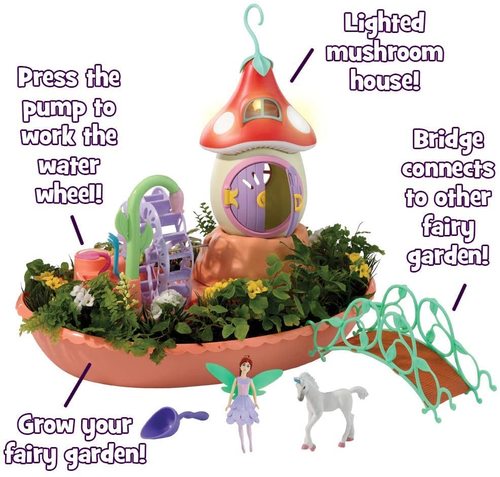 גן הפיות המופלא שלי - גן אורות עם מגדלור מנגן ומאיר וגשר, גינת פיות לגידול עצמי עם מגוון דמויות ואביזרים