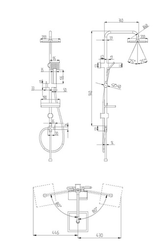 מוט פינוק 95 ס''מ עם ראש מקלחת עגול 3 מצבים דגם דורון 550904 מבית Aquila - צבע שחור