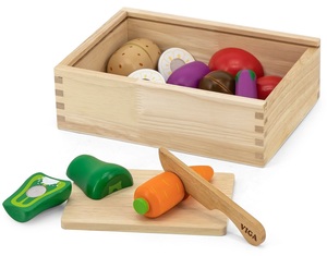 סט 7 ירקות מעץ למשחק + מגש, סכין חיתוך וקופסה רב פעמית