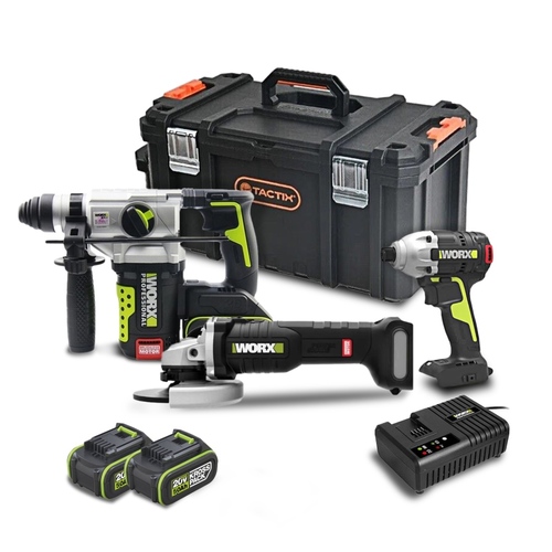 סט נטען 20V פטישון + מברגת אימפקט + משחזת סוללות  BRUSHLESS WORX WU389 KIT
