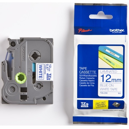 סרט למכשיר Ptouch ברוחב 12mm הדפסה בכחול על רקע לבן TZe233