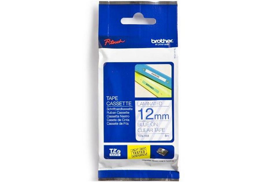 סרט למכשיר Ptouch ברוחב 12mm הדפסה בכחול על רקע שקוף TZe133