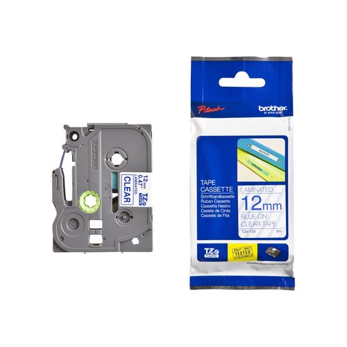 סרט למכשיר Ptouch ברוחב 12mm הדפסה בכחול על רקע שקוף TZe133