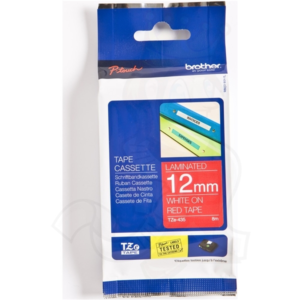 סרט למכשיר Ptouch ברוחב 12mm הדפסה בלבן על רקע אדום TZe435