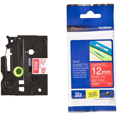 סרט למכשיר Ptouch ברוחב 12mm הדפסה בלבן על רקע אדום TZe435