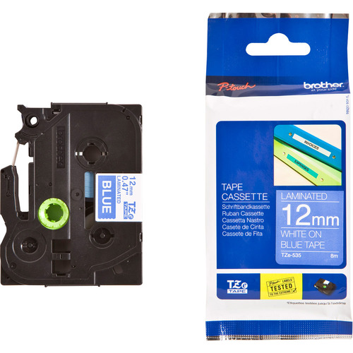 סרט למכשיר Ptouch ברוחב 12mm הדפסה בלבן על רקע כחול TZe535