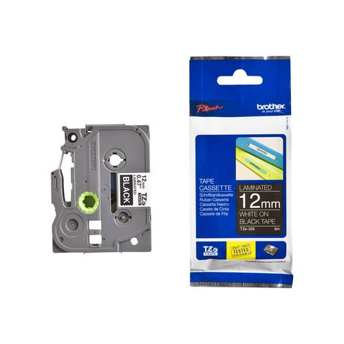 סרט למכשיר Ptouch ברוחב 12mm הדפסה בלבן על רקע שחור TZe335