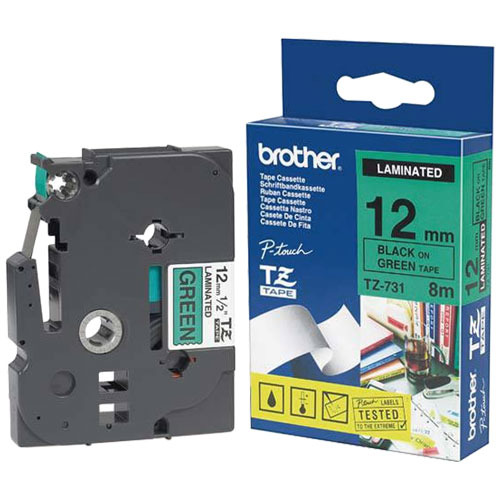 סרט למכשיר Ptouch ברוחב 12mm הדפסה בשחור על רקע ירוק TZe731