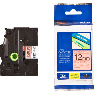 סרט למכשיר Ptouch ברוחב 12mm הדפסה בשחור על רקע כתום פלורוסנטי TZeB31