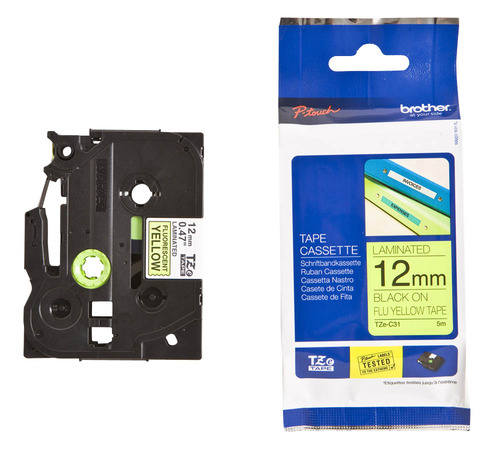 סרט למכשיר Ptouch ברוחב 12mm הדפסה בשחור על רקע צהוב פלורוסנטי TZeC31