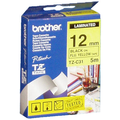 סרט למכשיר Ptouch ברוחב 12mm הדפסה בשחור על רקע צהוב פלורוסנטי TZeC31