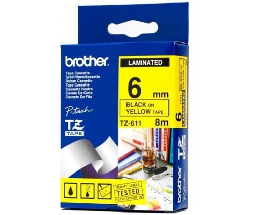 סרט למכשיר Ptouch ברוחב 6mm הדפסה בשחור על רקע צהוב TZe611