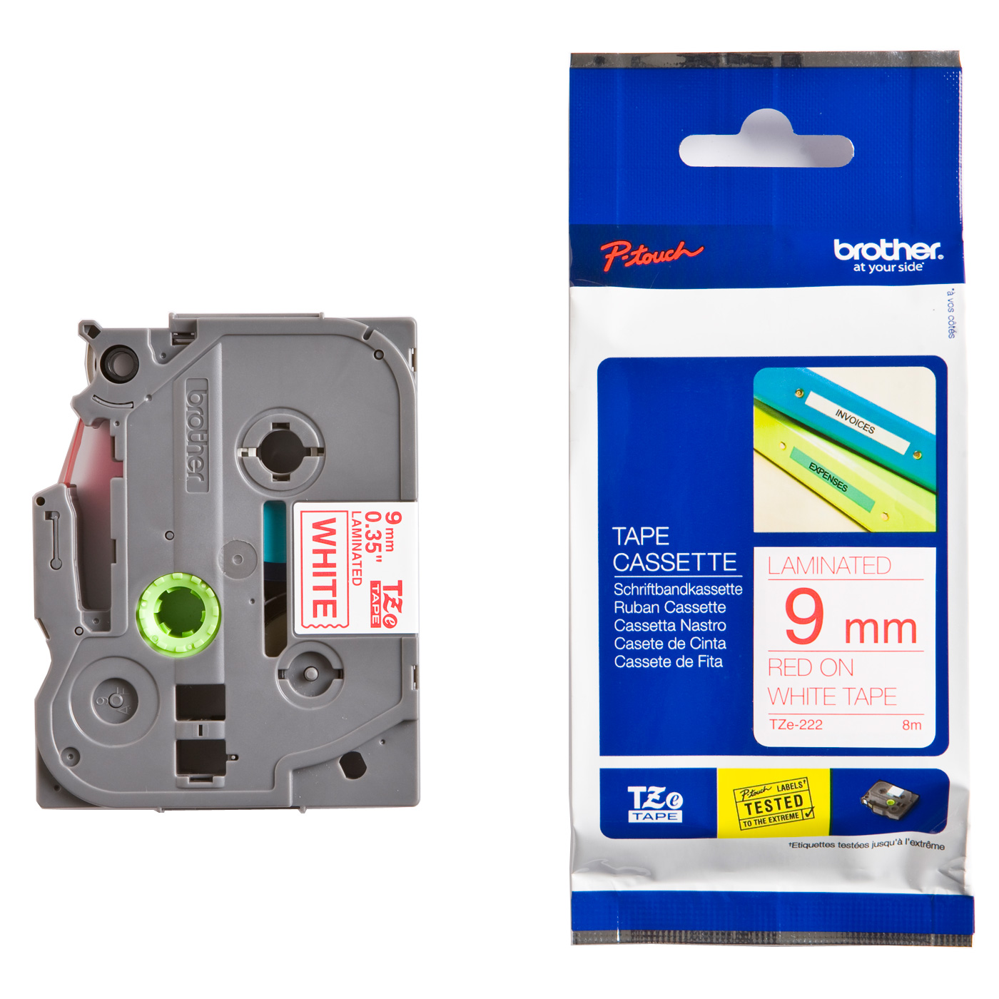 סרט למכשיר Ptouch ברוחב 9mm הדפסה באדום על רקע לבן TZe222