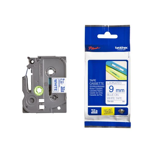 סרט למכשיר Ptouch ברוחב 9mm הדפסה בכחול על רקע לבן TZe223
