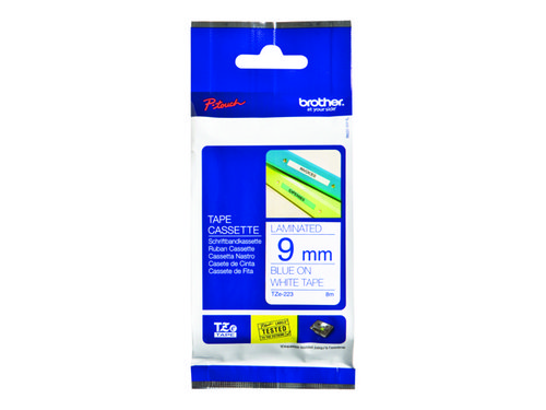 סרט למכשיר Ptouch ברוחב 9mm הדפסה בכחול על רקע לבן TZe223