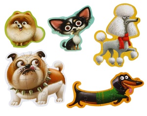 סט שלושה פאזלים למתחילים 2-6 חלקים עבים במיוחד בקופסת קרטון רב פעמית - כלבים