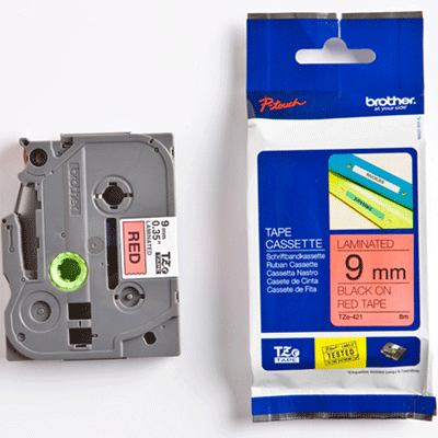 סרט למכשיר Ptouch ברוחב 9mm הדפסה בשחור על רקע אדום TZe421