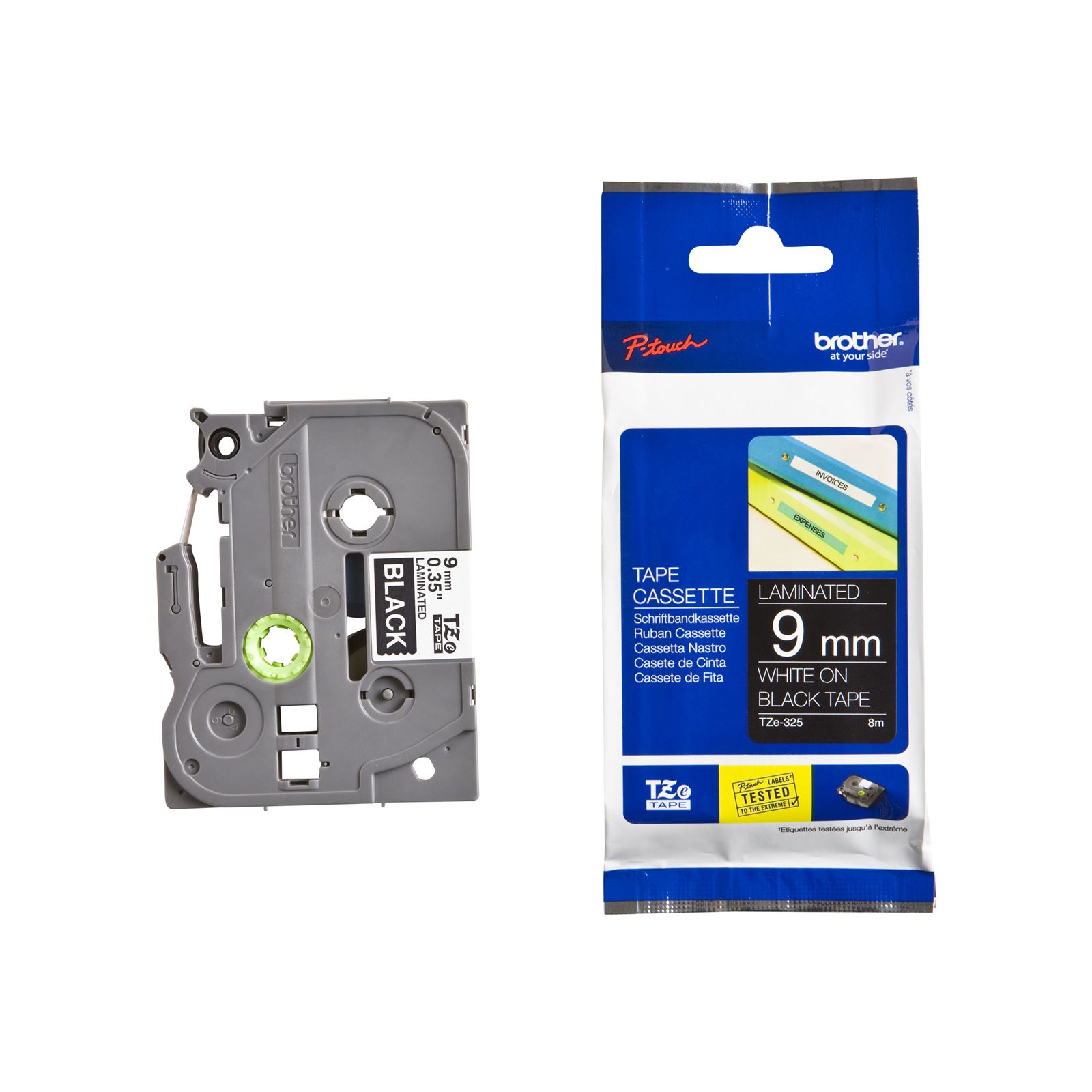 סרט למכשיר Ptouch ברוחב 9mm הדפסה בלבן על רקע שחור TZe325