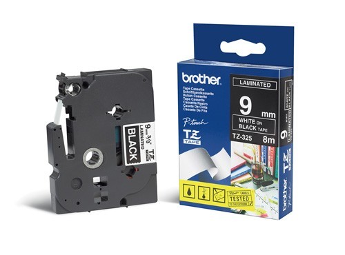 סרט למכשיר Ptouch ברוחב 9mm הדפסה בלבן על רקע שחור TZe325