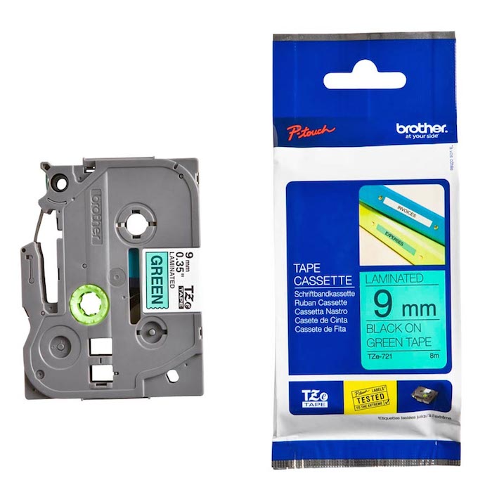 סרט למכשיר Ptouch ברוחב 9mm הדפסה בשחור על רקע ירוק TZe721