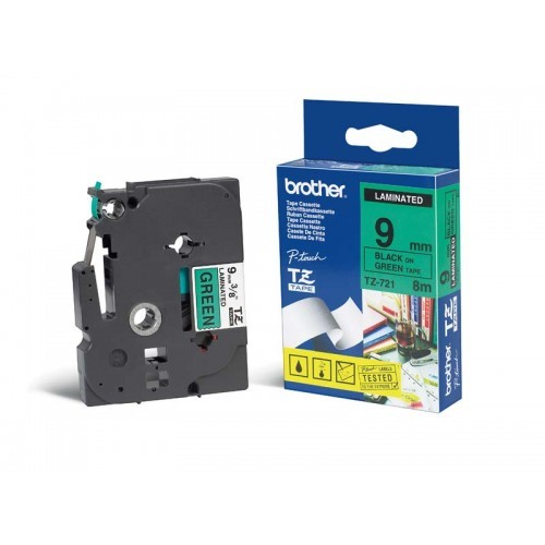 סרט למכשיר Ptouch ברוחב 9mm הדפסה בשחור על רקע ירוק TZe721