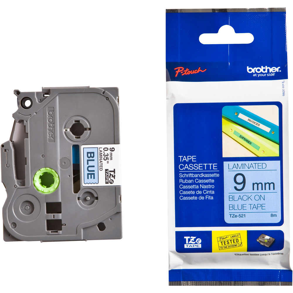 סרט למכשיר Ptouch ברוחב 9mm הדפסה בשחור על רקע כחול TZe521