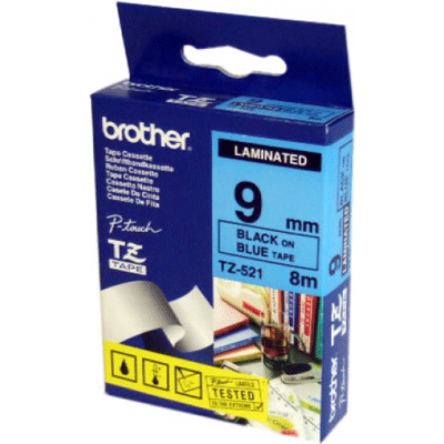 סרט למכשיר Ptouch ברוחב 9mm הדפסה בשחור על רקע כחול TZe521