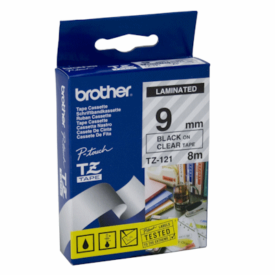 סרט למכשיר Ptouch ברוחב 9mm הדפסה בשחור על רקע שקוף TZe121