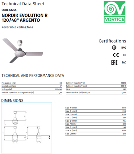מאוורר תקרה כסף NORDIK EVOLUTION VORTICE ITALY 
