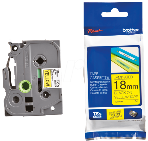 סרט למכשיר Ptouch ברוחב 18mm הדפסה בשחור על רקע צהוב TZe641