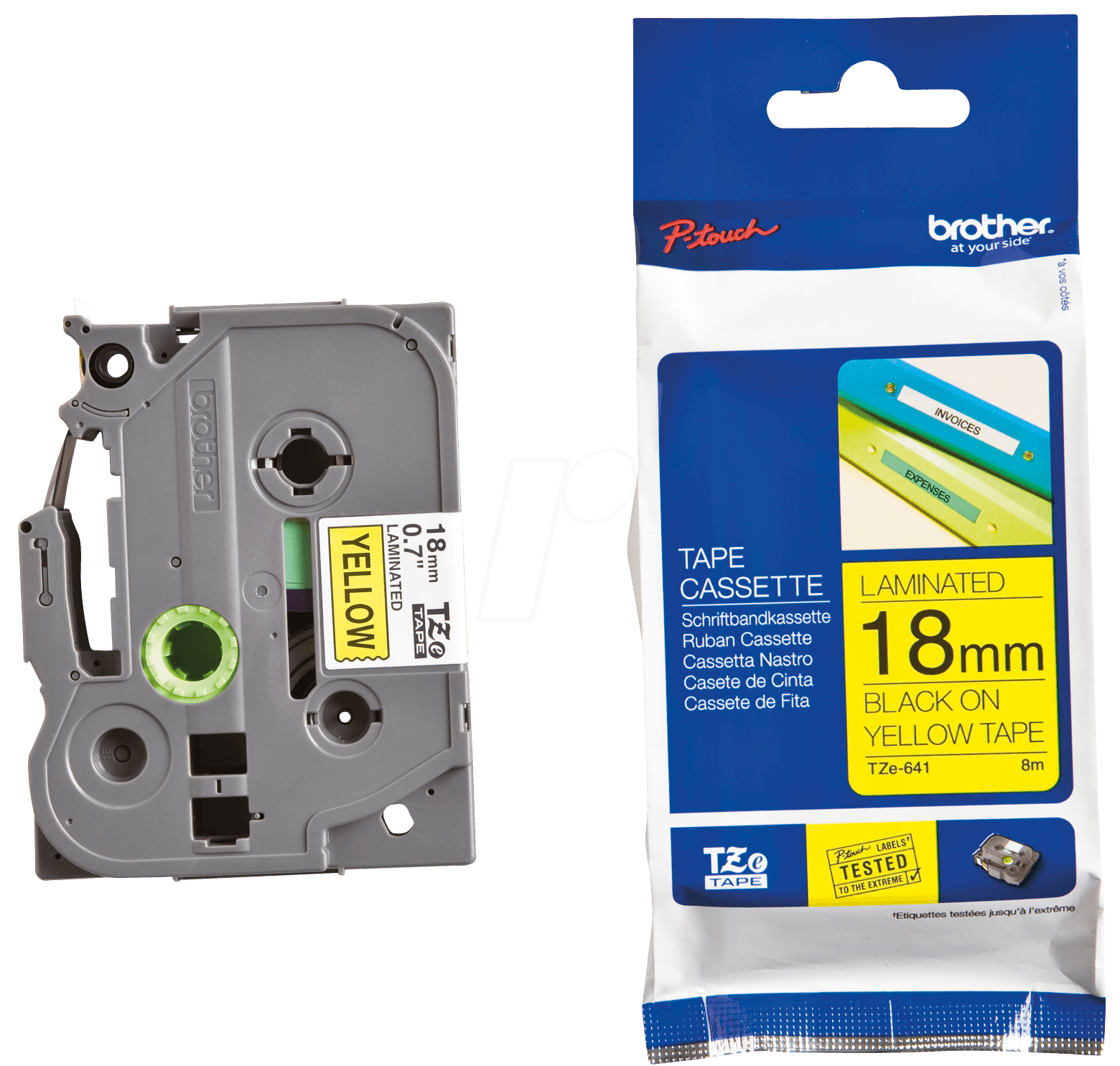 סרט למכשיר Ptouch ברוחב 18mm הדפסה בשחור על רקע צהוב TZe641