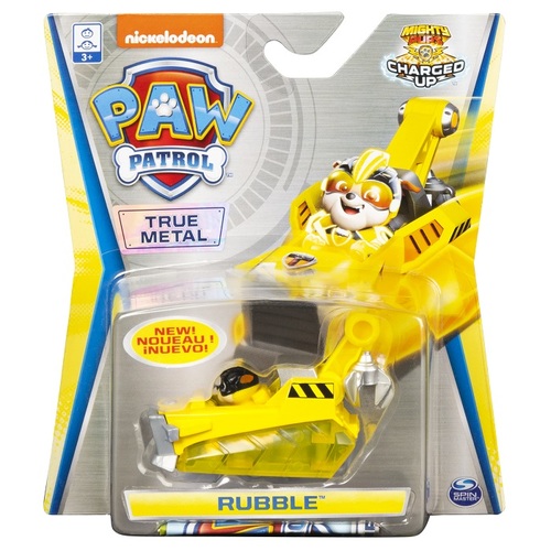רכב מתכת צהוב מסדרת Mighty Pups עם גלגלים מסתובבים ודמות קטנה של ראבל