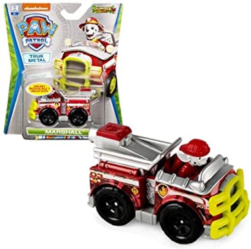 רכב מתכת אדום מסדרת Jungle Rescue עם  גלגלים מסתובבים ודמות קטנה של מארשל
