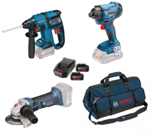 סט 18V פטישון+אימפקט+משחזת 2 סוללות 4AH במזוודה BOSCH