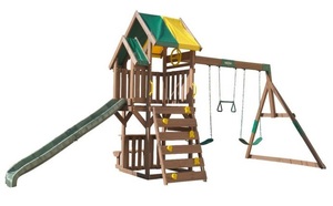 מתקן שעשועים משולב עם 2 נדנדות + נדנדת טרפז, מגלשה, קיר טיפוס ובית עץ 