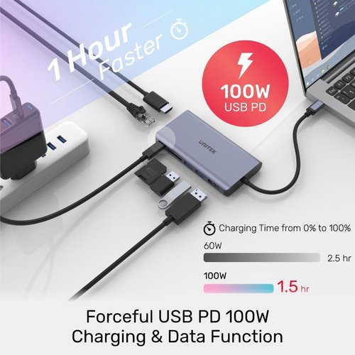 Unitek D1056A uHUB S7+ 7-in-1 USB-C Ethernet Hub with MST Dual Monitor 100W Power Delivery D1056A