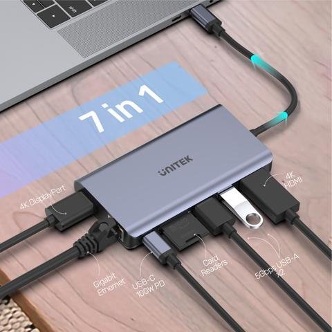 Unitek D1056A uHUB S7+ 7-in-1 USB-C Ethernet Hub with MST Dual Monitor 100W Power Delivery D1056A