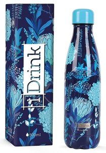 בקבוק תרמי מעוצב IDrink שומר חום וקור 500 מ"ל - פריחה כחולה