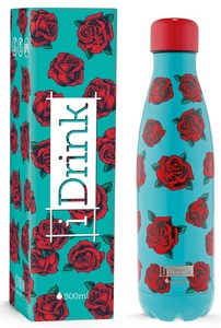בקבוק תרמי מעוצב IDrink שומר חום וקור 500 מ"ל - ורדים תכלת/אדום