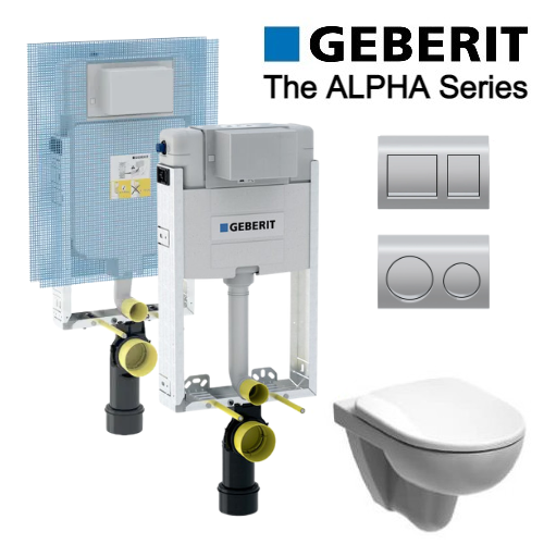 GEBERIT ALPHA | ניאגרה סמויה גבריט לקיר בלוקים | כולל אסלה תלויה + מושב אסלה + לחצן |