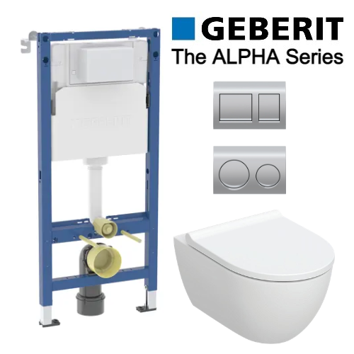 GEBERIT ALPHA | ניאגרה סמויה גבריט לקיר גבס | כולל אסלה תלויה RIMLESS + מושב אסלה + לחצן |